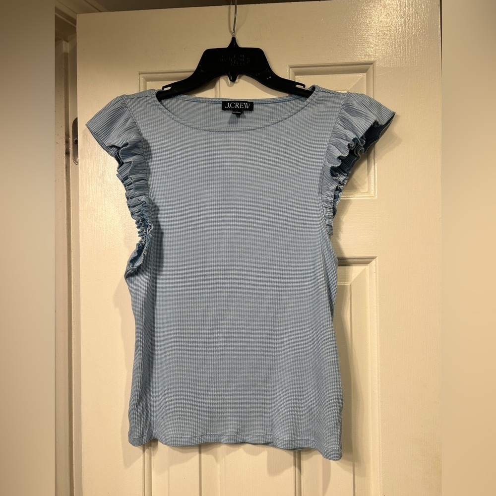 J. Crew Vintage rib ruffle-sleeve shirt Baby Blue Coastal Resort Size large - Picture 2 of 10